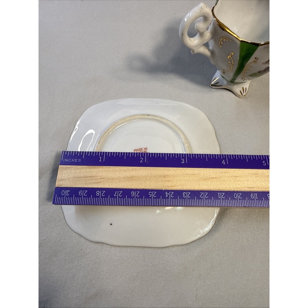 Vtg Hand Painted Japan Demitasse Cup Saucer Footed Green Gold Purple Floral - Picture 7 of 8